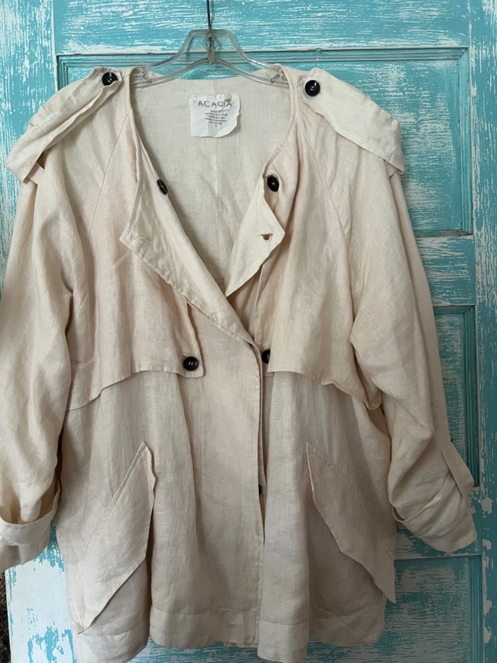 acacia swimwear cream Linen mini Trench Coat jacket top Epaulettes Rare find EUC